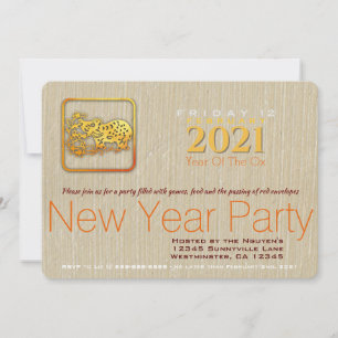 Golden Chinese Paper-cut Ox Year 2021 Party Inv.