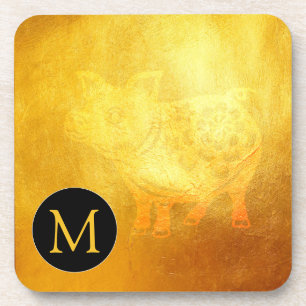 Golden Chinese Pig Papercut Monogram Square C Getränkeuntersetzer