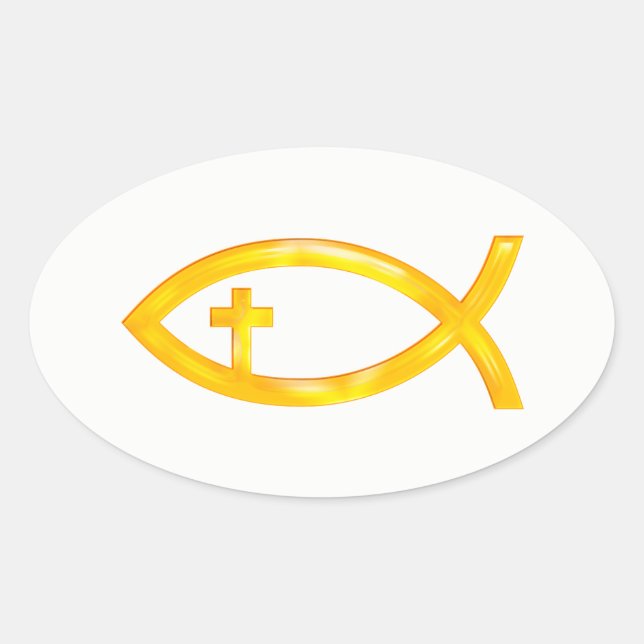 Golden Christlich Fish Symbol mit Crucifix Ovaler Aufkleber (Vorderseite)