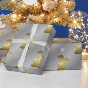 Golden Christmas Angels on Silver Geschenkpapier