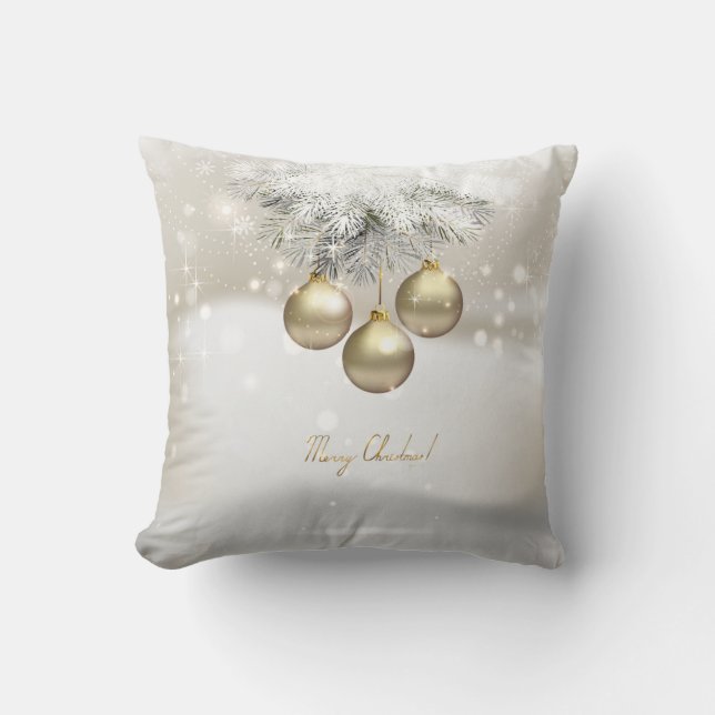Golden Christmas Balls & Silver Pine Tree Branches Kissen (Vorderseite)