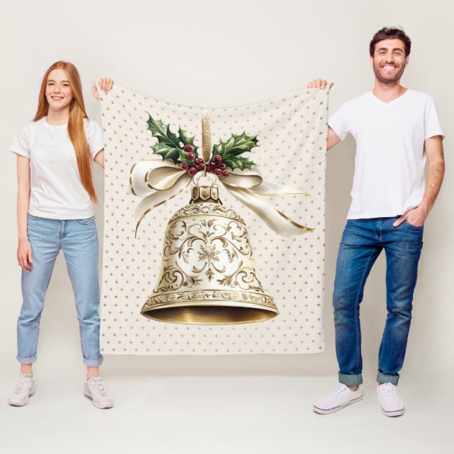 Golden Christmas Bell Shiny Stars Grüne Blätter Fleecedecke (Beispiel)