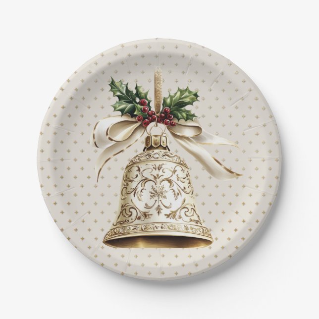 Golden Christmas Bell Shiny Stars Grüne Blätter Pappteller (Vorderseite)