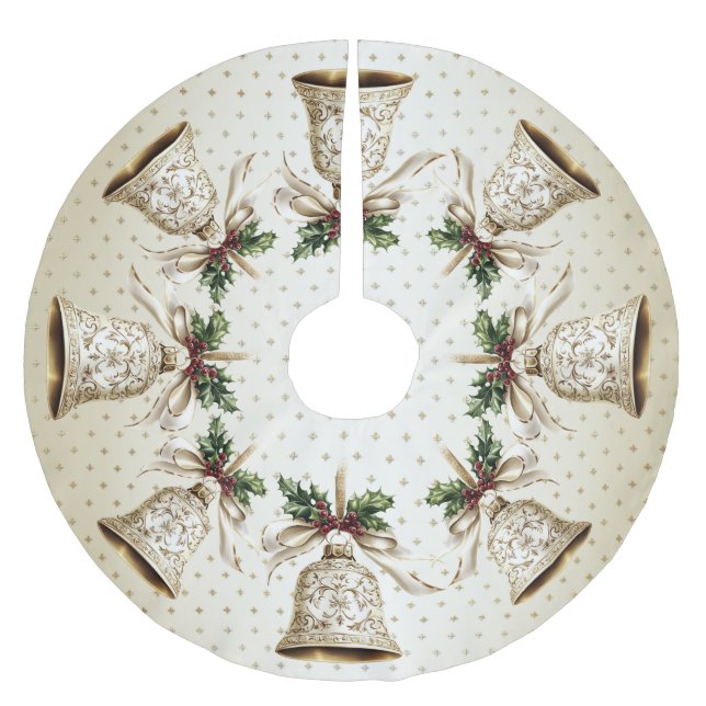 Golden Christmas Bell Shiny Stars Grüne Blätter Polyester Weihnachtsbaumdecke (Vorderseite)