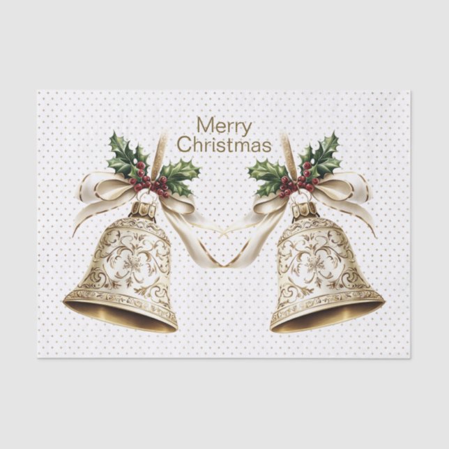 Golden Christmas Bell Shiny Stars Grüne Blätter Seidenpapier (Vorderseite)