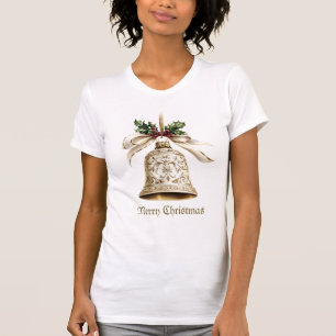 Golden Christmas Bell Shiny Stars Grüne Blätter T-Shirt