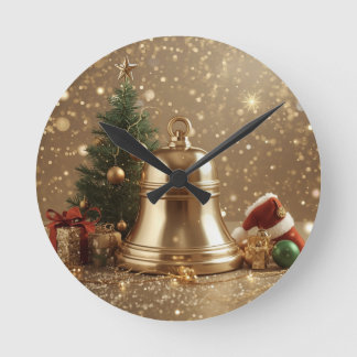 Golden Christmas Bell Wall Clock – Festive Holiday Runde Wanduhr