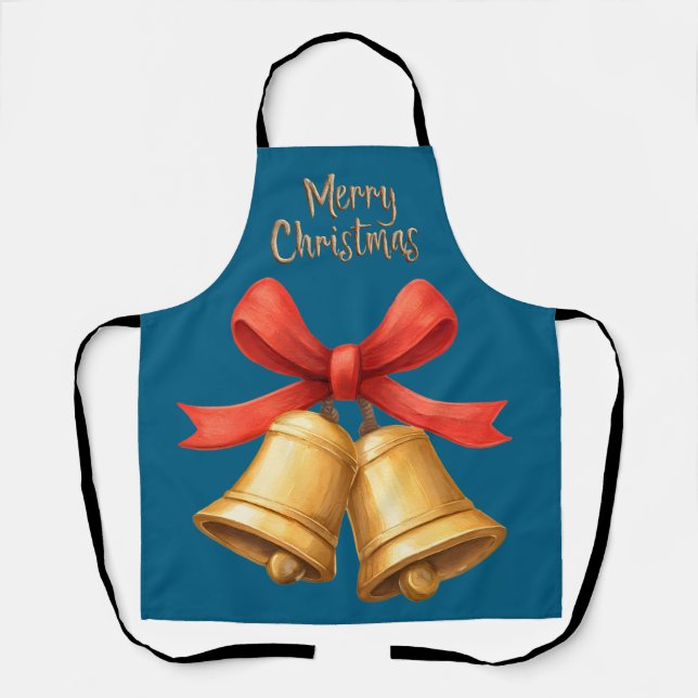 Golden Christmas Bells Blue Holiday Apron Schürze (Vorderseite)