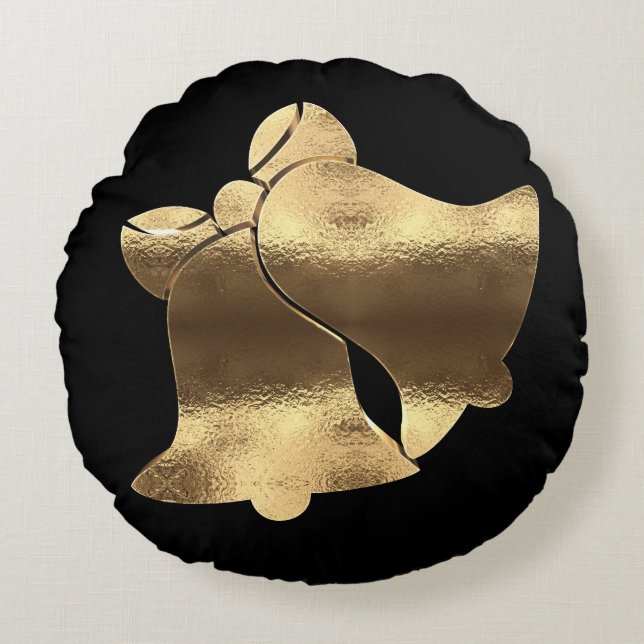 Golden Christmas Bells Elegantes Schwarzes und Gol Rundes Kissen (Vorderseite)