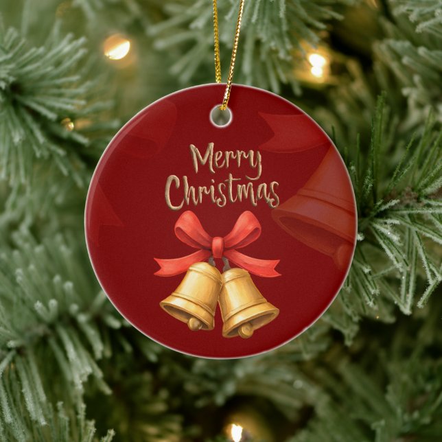 Golden Christmas Bells Red Holiday Art Keramik Ornament (Baum)