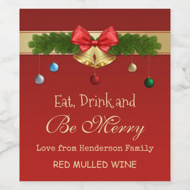 Golden Christmas Glocken, Baubles und Fichten Weinetikett (Einzelnes Label)