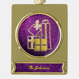Golden Christmas Präsentiert Lila Imitate Glitzer Banner-Ornament Gold