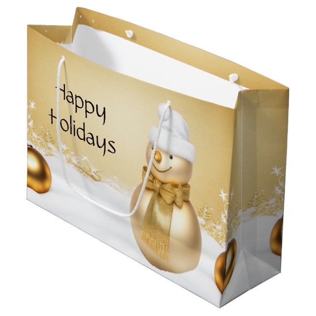 Golden Christmas Snowman Holiday Geschenktasche Große Geschenktüte (Vorderseite Schrägansicht)