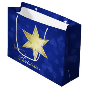 Golden Christmas Star Blue Bokeh Große Geschenktüte