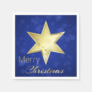 Golden Christmas Star Blue Bokeh Serviette