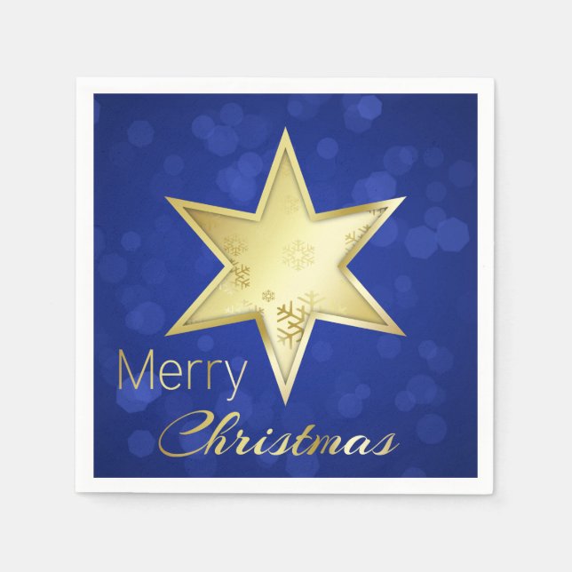 Golden Christmas Star Blue Bokeh Serviette (Vorderseite)
