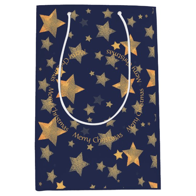 Golden Christmas Star Blue Elegante Klassisches Vi Mittlere Geschenktüte (Vorderseite)