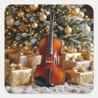 Golden Christmas Tree, Gifts and Violin Quadratischer Aufkleber