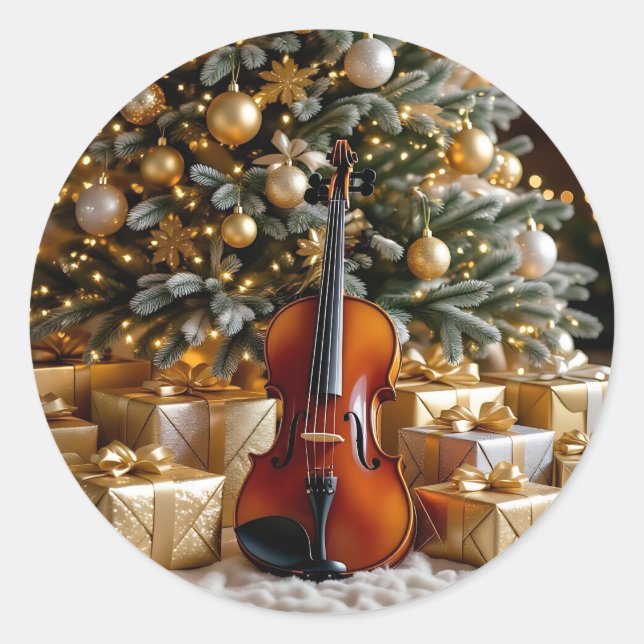 Golden Christmas Tree, Gifts and Violin Runder Aufkleber (Vorderseite)