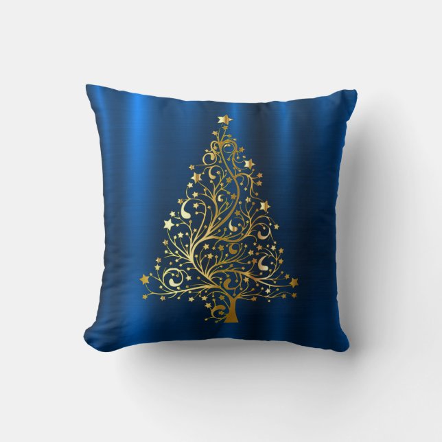 Golden Christmas Tree Navy Blue Holidays Kissen (Vorderseite)