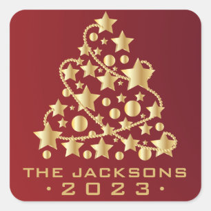 Golden Christmas Tree on Red Quadratischer Aufkleber