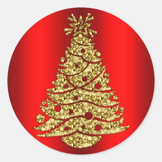 Golden Christmas Tree on Red Runder Aufkleber (Vorderseite)