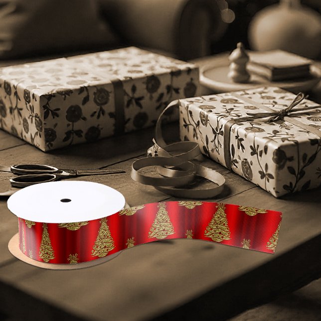 Golden Christmas Trees on Red Satinband (Golden Christmas Trees on Red Satin Christmas Ribbon)
