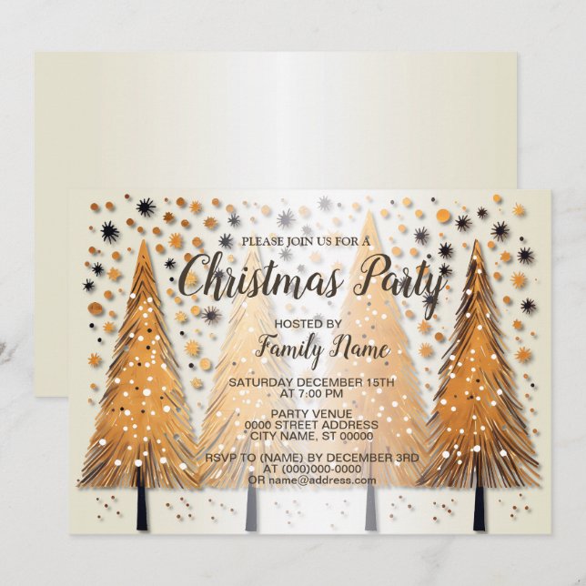 Golden Christmas Trees Shiny Snowflakes Holidays Einladung (Vorne/Hinten)
