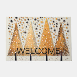 Golden Christmas Trees Shiny Snowflakes Holidays Fußmatte