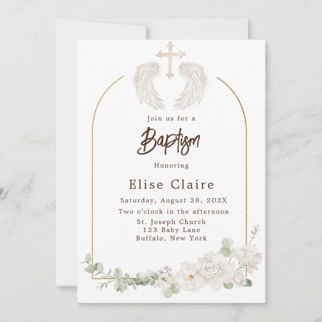 Golden Church Cross Flügel Blumentaufen Einladung (Vorderseite)