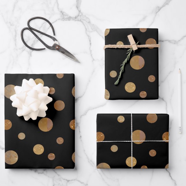 Golden Circles Polka Dots Geometric Black Geschenkpapier Set (Vorderseite)