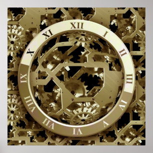 Golden Clocks and Gears Steampunk Mechanische Gesc Poster