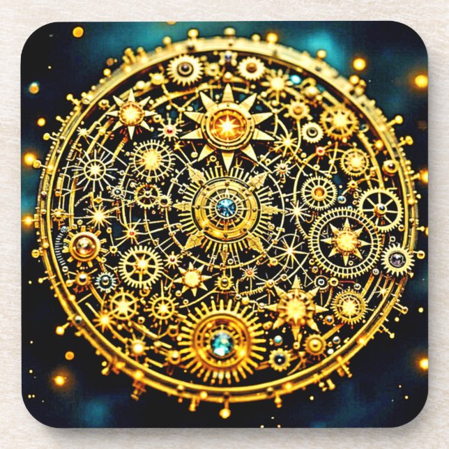 Golden Clockwork Celestial Art Getränkeuntersetzer (Vorderseite)