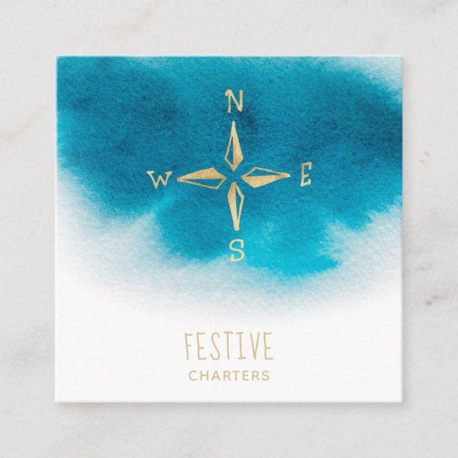 *~* Golden Compass Beach Sea AP 13 Aquamarin Blue Quadratische Visitenkarte (Vorderseite)