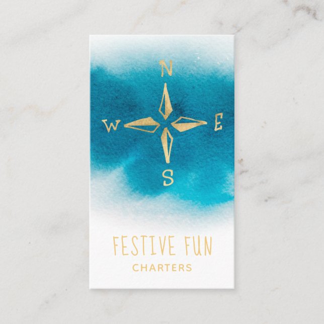 *~* Golden Compass Sea Beach White Aquamarin Blue Visitenkarte (Vorderseite)