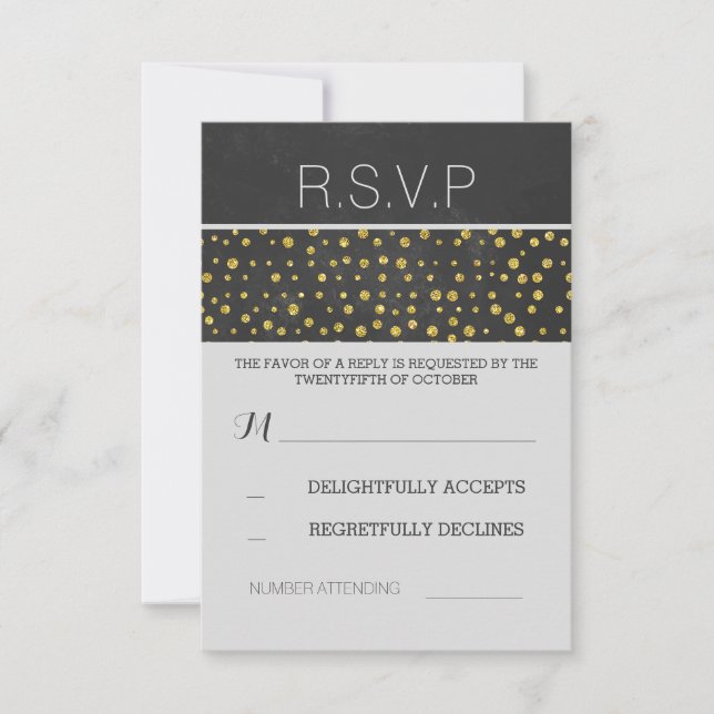 Golden Confetti dots Chalkboard Hochzeit RSVP Karte (Vorderseite)
