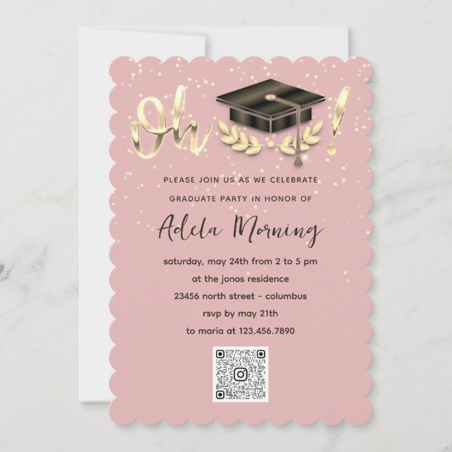 Golden Confetti Graduate Party QR Code Blush Einladung (Vorderseite)