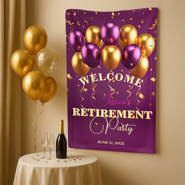 Golden Confetti & Lila Balloons Rente Party Banner (Von Creator hochgeladen)