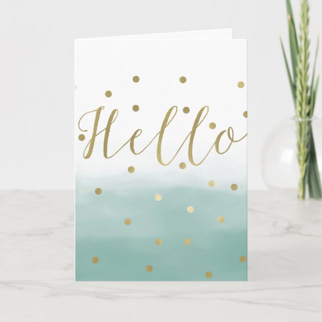 Golden Confetti Mint Watercolor Hallo Karte (Vorderseite)