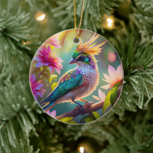 Golden Creaded Green Headed Finch Fantasy Bird Keramik Ornament