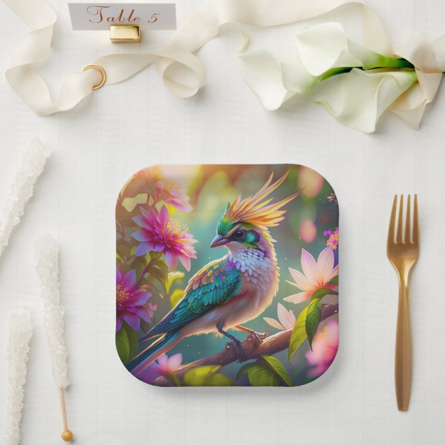 Golden Creaded Green Headed Finch Fantasy Bird Pappteller (Hochzeit)