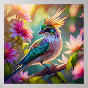 Golden Creaded Green Headed Finch Fantasy Bird Poster