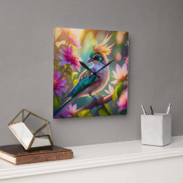 Golden Creaded Green Headed Finch Fantasy Bird Quadratische Wanduhr