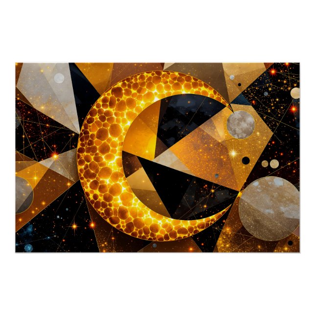 Golden Crescent Moon mit kosmischen geometrischen  Poster (Vorderseite)
