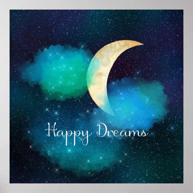Golden Crescent Moon Starry Sky Happy Dreams Poster (Vorne)