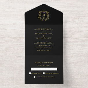 Golden Crest Schwarze elegante Hochzeit Goldfoli All-in-One-Einladung