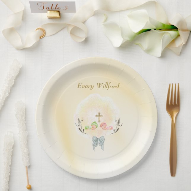  Golden Cross floral baptism paper plates  Pappteller (Hochzeit)