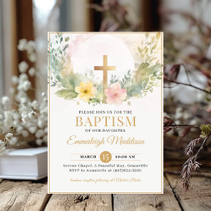 Golden Cross Florals Christening oder Taufe Einladung