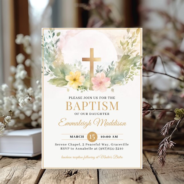 Golden Cross Florals Christening oder Taufe Einladung (Von Creator hochgeladen)
