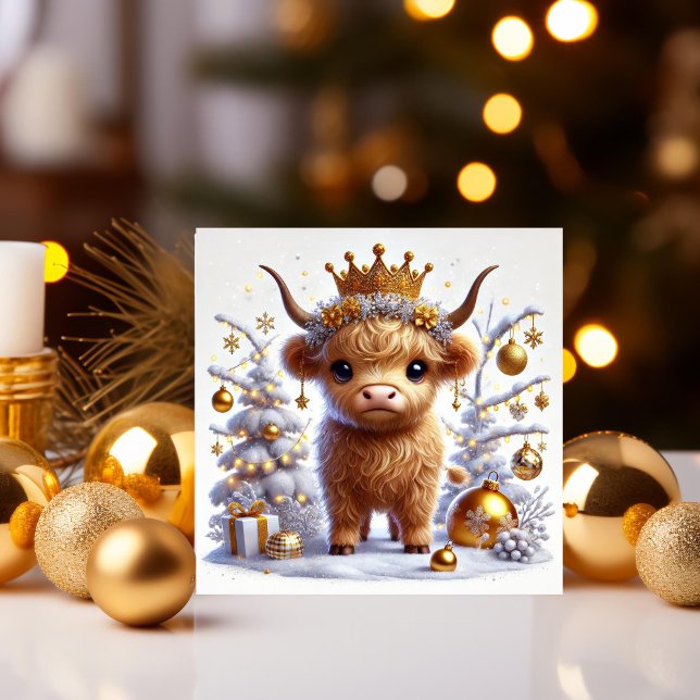 Golden Crown Christmas Highland Cow Feiertagskarte (Von Creator hochgeladen)